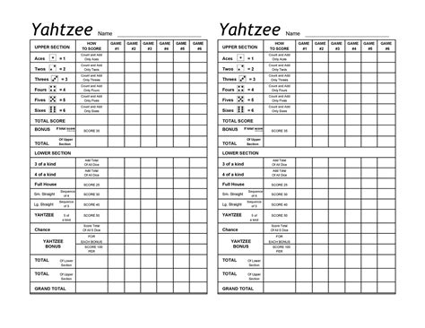 Large Printable Yahtzee Score Sheets for Uninterrupted Game Nights