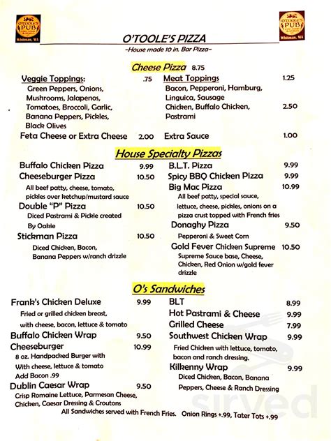 Experience the Charm: O'Tooles Restaurant Pub Menu Guide